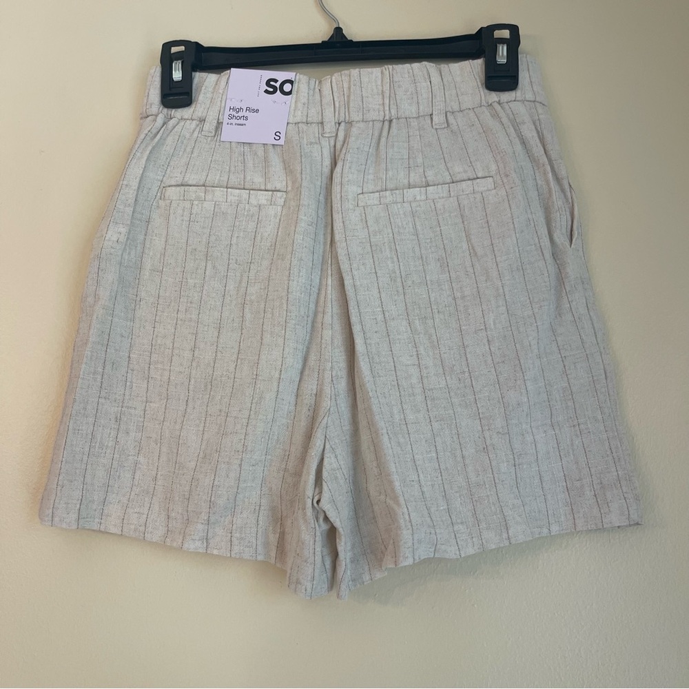 Linen Blend High Rise Pleated Shorts S Neutral Stripe Pockets Minimalist Summer - Picture 5 of 5